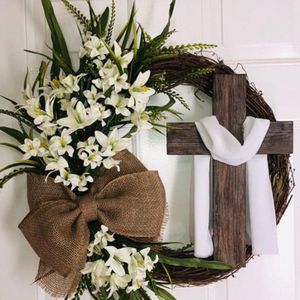 Couronnes de fleurs décoratives, vente de couronne florale faite à la main avec croix, décor de ferme, nœud en toile de jute, couronne de vigne rustique, décoration de couronne de Pâques DIY 230313