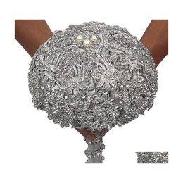 Couronnes de fleurs décoratives bijoux de diamant brillant Sier Rose bouquet de mariage pour mariée cristal strass mariée tenant fleur goutte Dhxhz