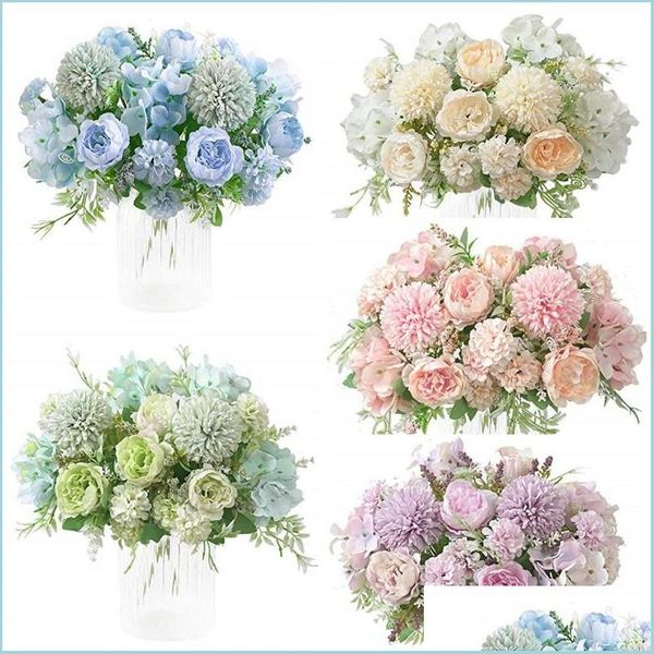 Couronnes de fleurs décoratives, pivoines en soie, Bouquet d'hortensia, 7 fourchettes, œillets artificiels réalistes en plastique, pivoines, fleur Par Dh9A0