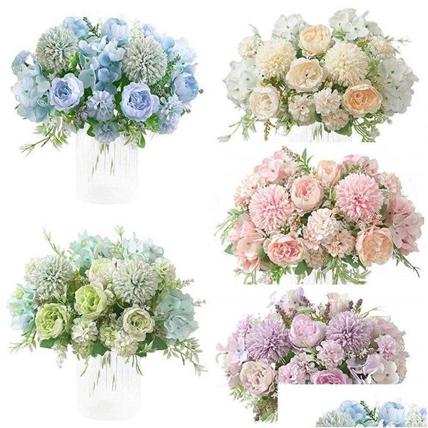 Décoratif Fleurs Couronnes Soie Pivoine Hortensia Bouquet 7 Fourches Artificielle Réaliste En Plastique Oeillets Pivoines Fleur De Mariage Par Dhnt3