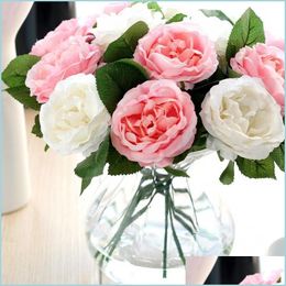 Couronnes de fleurs décoratives en soie Simation Rose fleur tissu artificiel Roses pivoines Bouquet blanc rose Orange vert rouge pour Weddi Dhop5