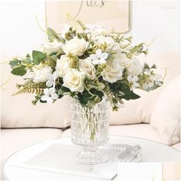 Fleurs décoratives couronnes Simation Silk Filander Roses de bord bouclées bouquet de maison décoration artificielle fleur artificielle Rose blanche gouttes ot6xs
