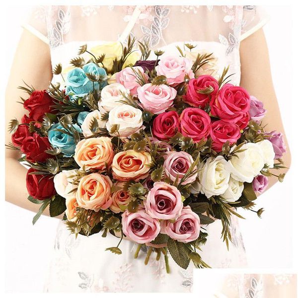 Fleurs décoratives Couronnes Simation Soie Rose Bouquet De Mariée Artificielle Rose Rouge Bleu Violet Mariée Valentine Home Decor Drop Deliv Dhueb