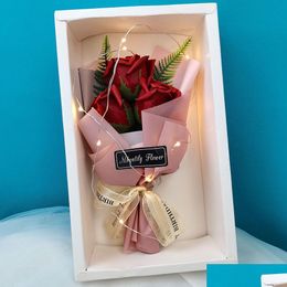 Flores decorativas Guirnaldas Simación Jabón Caja de ramo Flor de rosa con luz LED Decoración de boda Recuerdo Regalo del día de San Valentín Fo Otqct