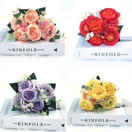 Decoratieve bloemen kranaten het EST -model in 2022 1 Bunch van 5 Big Head Artificial Peony Tea Rose Flower Camellia Silk Nep gebruikt voor DIY Ho