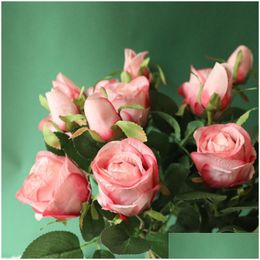 Couronnes de fleurs décoratives Saint Valentin Rose artificielle Un seul tissu de soie hautement simulé Festival Party Home Room Flower Decora Dhpnf