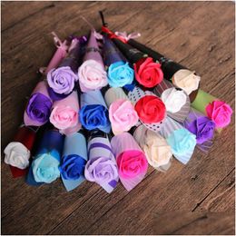 Fleurs décoratives Couronnes Saint Valentin Savon Rose Fleur Tige Unique Rouge Rose Bleu Violet Mariage Fiançailles Anniversaire Cadeau Drop D Dhs8L