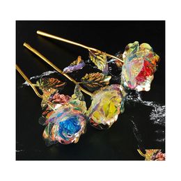 Flores decorativas Guirnaldas Día de San Valentín 24K Color Hoja de oro Rosa Flor artificial Colorf Festiva Madre Regalo de cumpleaños Boda Dhnku