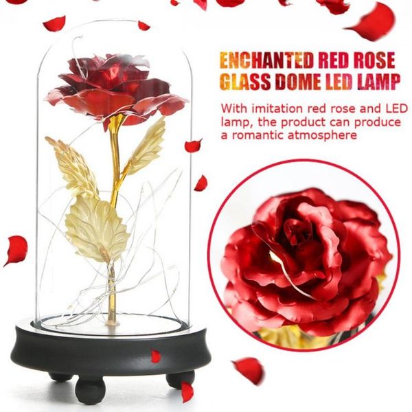 Flores decorativas Guirnaldas Regalo del día de San Valentín para novia Rosa eterna Flor de lámina de luz LED en cubierta de vidrio Madre Favor de la boda Barco