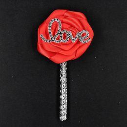 Flores decorativas coronas boda Boutonnieres amor diamante satén flor ramillete marfil DIY Rhinestone novio broche decoración XH543