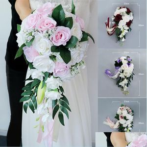 Decoratieve bloemen kransen bruiloft bruid vasthouden boeket kunstmatige zijden roos bloem witte simatie drop levering home tuin fest dh6ge