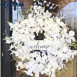 Decoratieve Bloemen Kransen Welkom logo buffel plaid en witte hond hout lente krans Faro plaid thuis deur hangen T230512