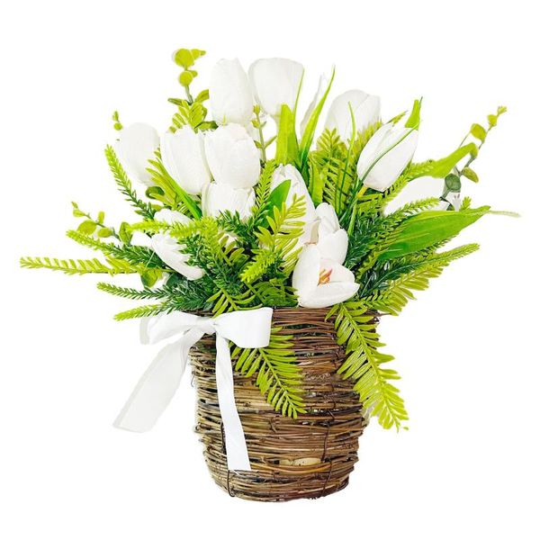 Guirnaldas de flores decorativas Tulipán artificial blanco con cesta tejida de ratán Simulación Planta en maceta Jardín Adorno para fiesta de boda Decoración para el hogar