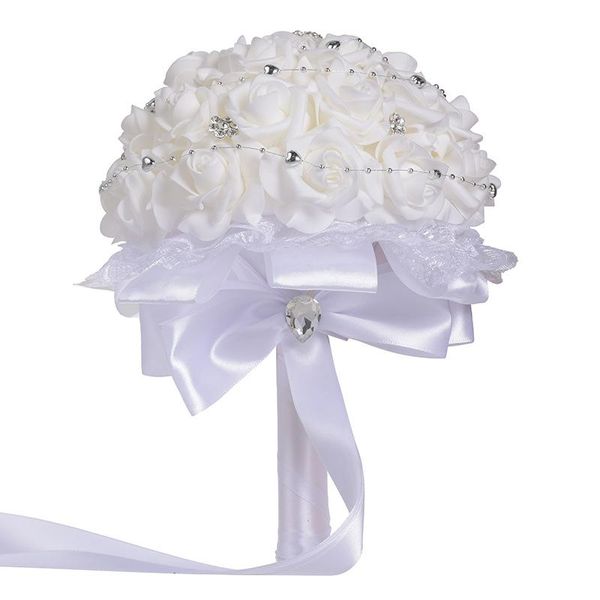 Flores decorativas coronas blancas ramo de boda grande joya de diamante de plata novia sosteniendo bruids cristal rames de novia satén