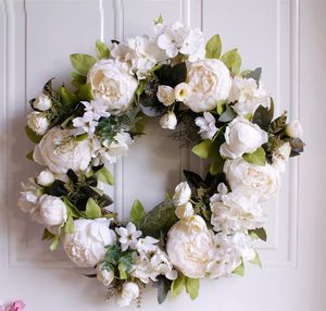 Decoratieve bloemen kransen witte penies krans bruiloft decor muur deur kaarsen ring wijnstok kunstmatige bloemen hangende raam decoratief