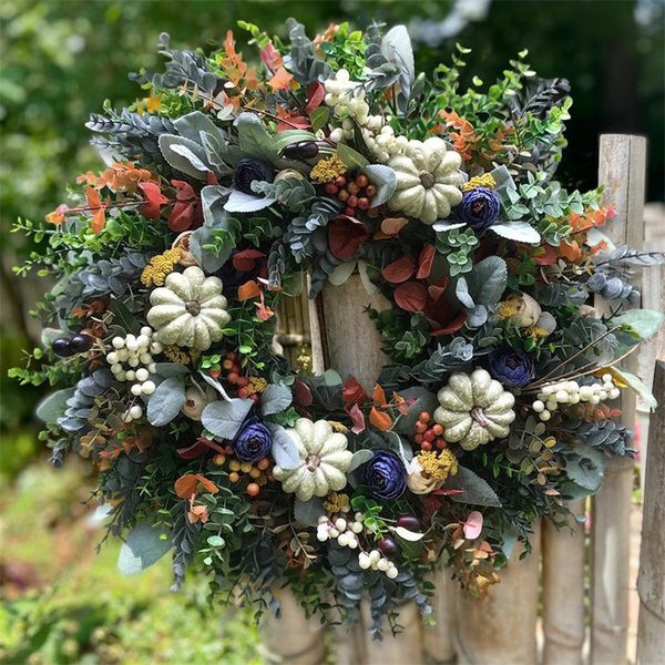 Couronnes De Fleurs Décoratives Couronne De Citrouilles Blanches Ornement Suspendu Pour La Décoration De La Maison Porte D'entrée Thanksgiving Automne Décor En Gros 221104