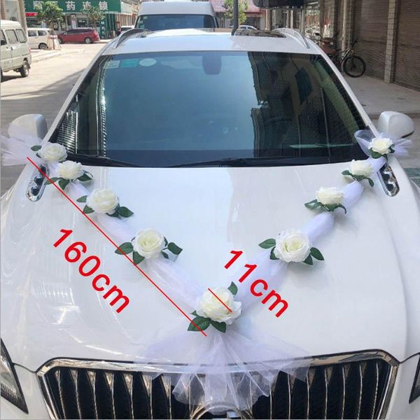 Fleurs décoratives Couronnes Blanc Rose Fleur Artificielle Pour La Décoration De Voiture De Mariage Poignée De Porte Rubans Soie De Mariée Faux Flores DIYDecorati