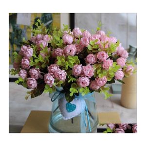 Couronnes de fleurs décoratives en gros 1 bouquet / 15 têtes 4 cm mariage vintage mini rose fleur de soie artificielle décoration de la maison faux Oty8A