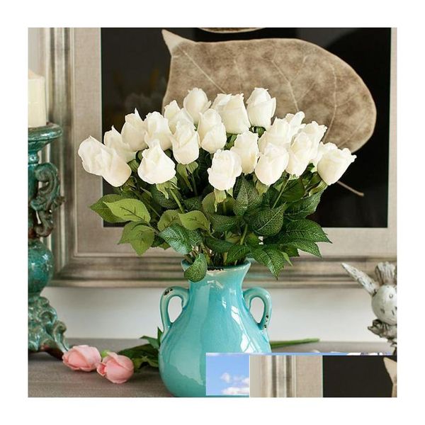 Couronnes de fleurs décoratives en gros 120 pièces Moq bleu artificiel frais vraie touche rose bourgeon décorations royales et bouquet Dr Dhjdf