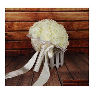 Couronnes de fleurs décoratives en gros bouquet de mariée mousse artificielle rose mariage avec perles strass dentelle rubans de satin arc partie Oth6V