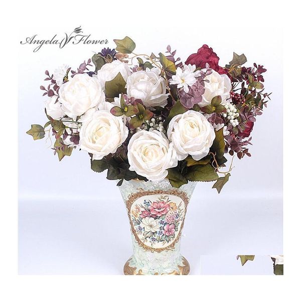 Couronnes de fleurs décoratives en groseuropéen 13 têtes riche rose 1 bouquet peinture pivoine artificielle soie vive fausse feuille mariage H Othmg