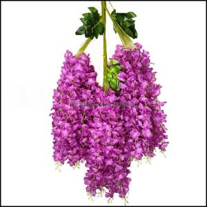 Flores decorativas Guirnaldas Wisteria Flores artificiales Colgando Garland Vine Rattan Fake Flower String Seda para el hogar Jardín Boda Dhktq