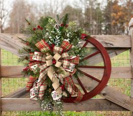 Couronnes de fleurs décoratives Couronne de Noël Universel Charme Bois Ferme Wagon Roue En Bois De Noël Pour L'hiver Garl Artificiel1186438