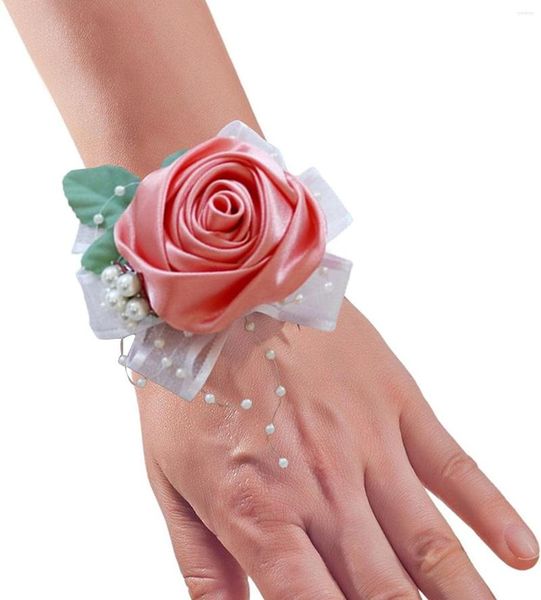 Ramilletes de muñeca de flores decorativas para boda | Rose Bud - Girl Corsage Wristlet Band Dama de honor Fiesta Prom H