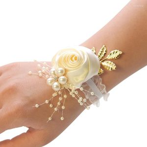 Fleurs décoratives poignet Corsages Satin Rose Bracelet pour demoiselle d'honneur soeurs main hommes boutonnière accessoires de mariage