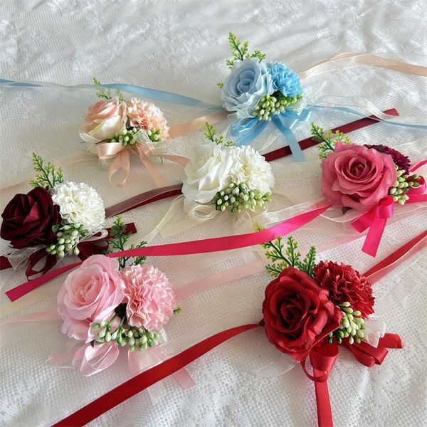 Flores decorativas Flor de muñeca Seda artificial Rosa Boutonniere Novia Boda Chica Dama de honor Pulsera Mano