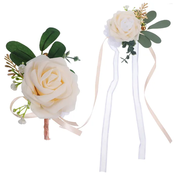 Flores decorativas Muñeca Flor Ramillete Boutonniere Prop Pulsera Conjunto Boda Pulsera Novia Pulsera Pareja Nupcial Conjuntos