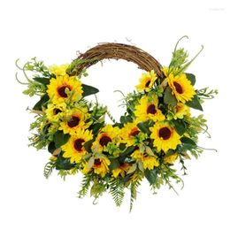 Decoratieve bloemen XD-artificiële zonnebloemkrans met groene bladeren voor voordeur muur raam Wedding Party Farmhouse Garden Home Decor