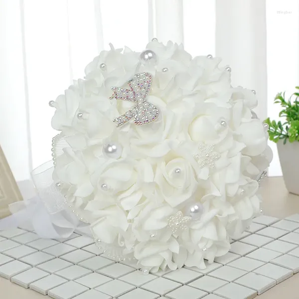 Fleurs décoratives Y-P006 Mariage en gros Perle Perle artificielle Fleur main tenant un bouquet de mariée avec une stratage pour décor