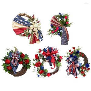 Fleurs décoratives Y5le Independence Day Wreath Artificial Blue blanc Bowknot suspendu pour le 4 juillet décor de porte commémorative