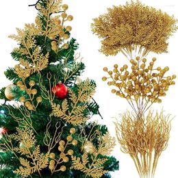 Decoratieve Bloemen Yan 40 stks Glitter Kerst Tak Kunstmatige Bessen Stengels Dennennaald Picks Spray Voor Kerstboom Decor Ornamenten DIY