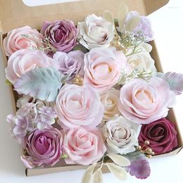 Fleurs décoratives Box combo artificiel set pour bouquets de mariée de mariage bricolage fausse feuille de rose avec des tiges.