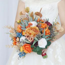 Fleurs décoratives Yan automne Bouquets de mariage pour mariée brûlé Orange terre cuite à la main artificielle Bouquet de mariée décoration