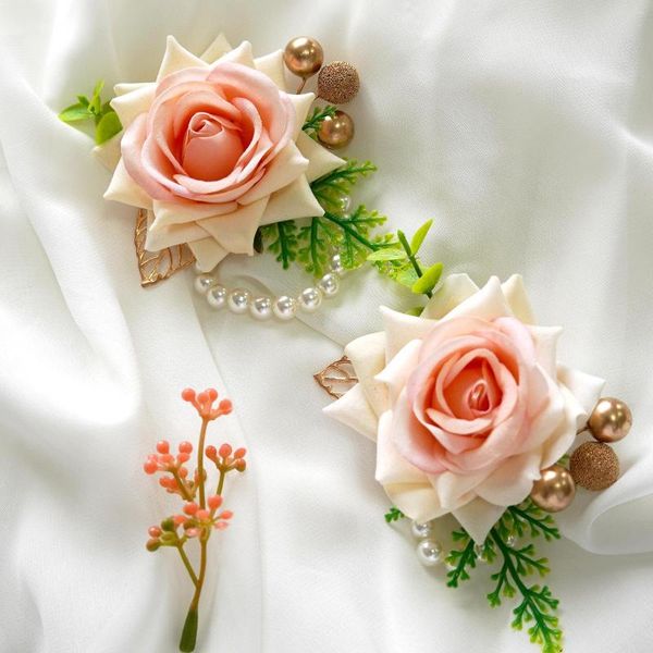 Fleurs décoratives Yan Blush Rose Poignet Corsage Boutonnier Ensemble Pour Hommes Femmes Mariée Demoiselle D'honneur Artificielle Bracelet À Main De Mariage Bal