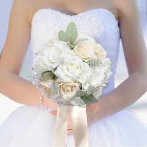 Fleurs décoratives Bouquets de mariage blanc crémeux pour la mariée Rose artificielle rose et décoration de l'église de bouquet