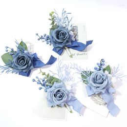 Decoratieve bloemen Yan Dusty Blue Wedding Pols Corsage Boutonniere voor bruid Bruidsmeisje Bruidegom Prom Party Bloemenarmbanden Homecoming