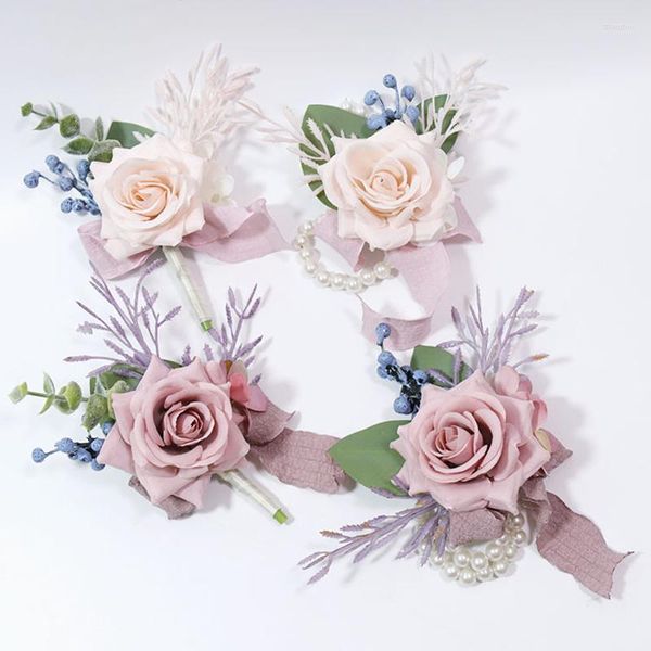 Fleurs décoratives Yan Dusty Rose Bridemaid Groom Mariage Corsage Boutonnière Prom Fleur Artificielle Poignet Bracelet Pour Cérémonie Retour