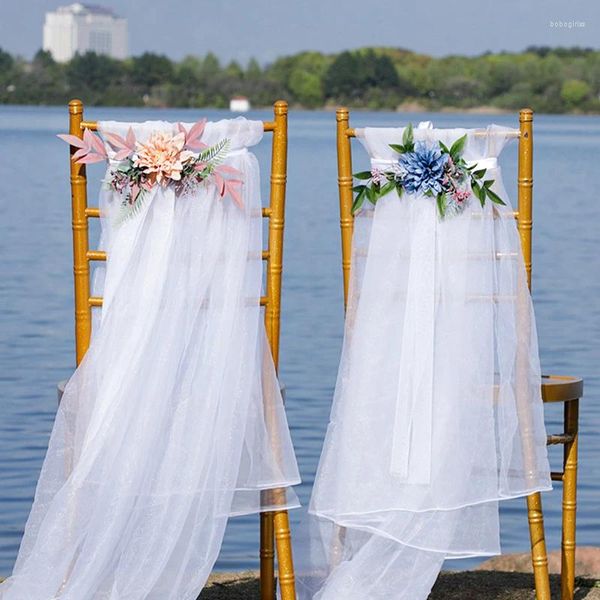 Fleurs décoratives Yan Rustic Wedding Ceremony Ailse Bleu Blanc White Artificiel Fleur Ribbon Chaise Décoration Party Outdoor Banc