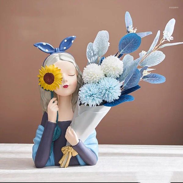 Fleurs décoratives année mignonne fille résine Vase décoration Simulation artificielle faux décor à la maison ornements de table fête mariage nordique