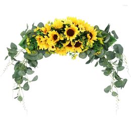 Fleurs décoratives YO-Floral Swag Couronne d'eucalyptus de tournesol artificielle pour miroir maison fête de mariage porte table décoration de chaise