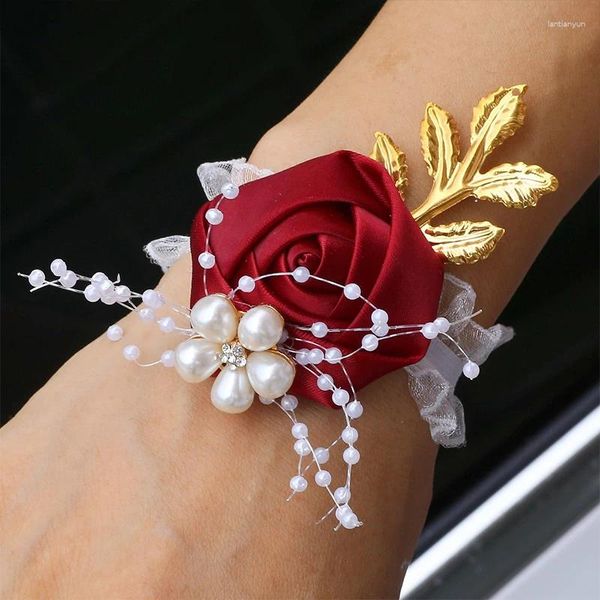 Fleurs décoratives Yomdi Girls Bridesmaid Wedding Marid Prom Party Satin Rose Bracelet Hand la Saint-Valentin Décoration