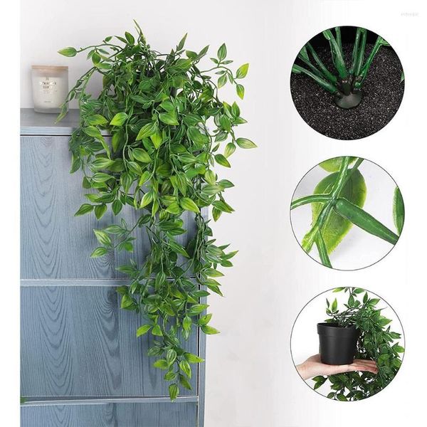 Flores decorativas YOUZI Plantas colgantes artificiales Pequeñas macetas falsas para decoración de pared de estante interior y exterior