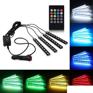 Decoratieve verlichting 1set4 stuks auto rgb ledstrip lichtkleuren styling sfeerlampen interieur met afstandsbediening 12v droplevering auto's Dhi4Z