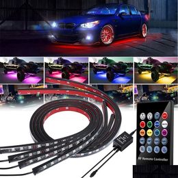 Decoratieve lichten 4 stks 12V IP65 Atmosfeer Licht App Controle stromende kleur RGB LED -strip onder auto 90 120 150 buis Underglow Underbo Dhzrv