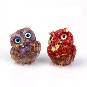 Objets décoratifs Figurines 100% pierre de cristal naturel gravier animal hibou artisanat résine faite à la main petite figurine faire table maison co Dhtye