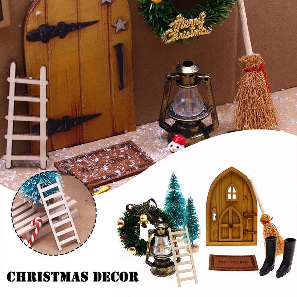 Objetos decorativos Figuras 11 piezas Casa de muñecas Elfo Puerta Decoración de Navidad Cadena de luces falsas Sombrero Guirnalda Mini árbol Cajas de regalo Casa de juguetes de hadas Escena en miniatura Modelo 230320